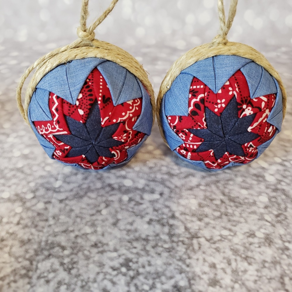 Quilted Fold Christmas Ornaments Fabric Red Blue Americana Western Hand Made - Picture 4 of 6